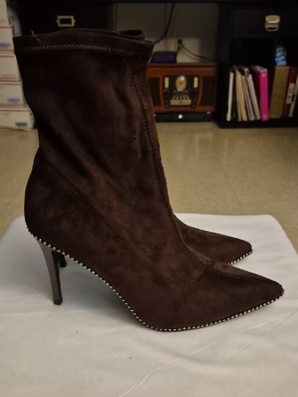 New* Kayleen Brown Faux Suede Ankle Boots with Studded Trim (Box Included)